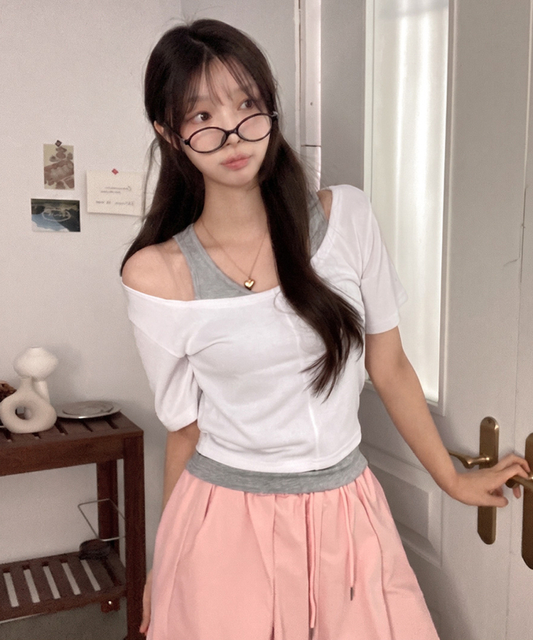 이즈 나시 일체형 골지 반팔 티셔츠 화이트
