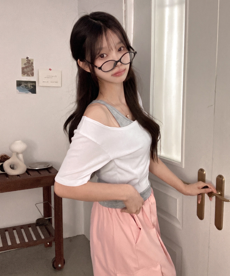 이즈 나시 일체형 골지 반팔 티셔츠 화이트