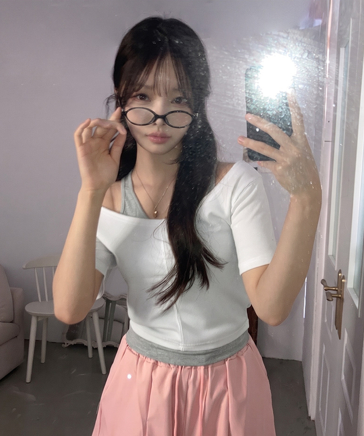 이즈 나시 일체형 골지 반팔 티셔츠 화이트