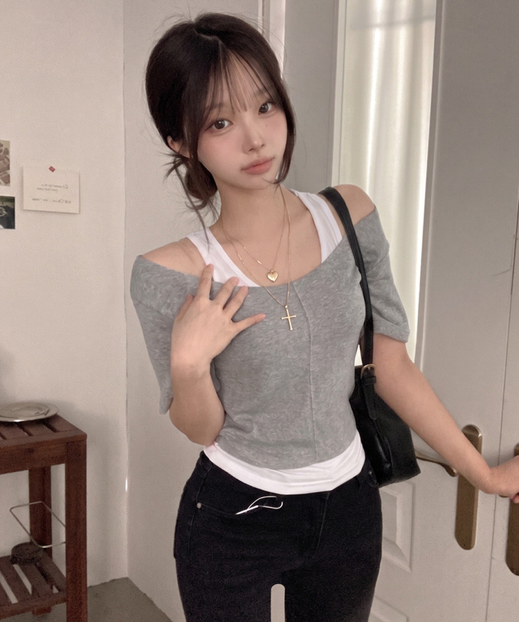 이즈 나시 일체형 골지 반팔 티셔츠 그레이