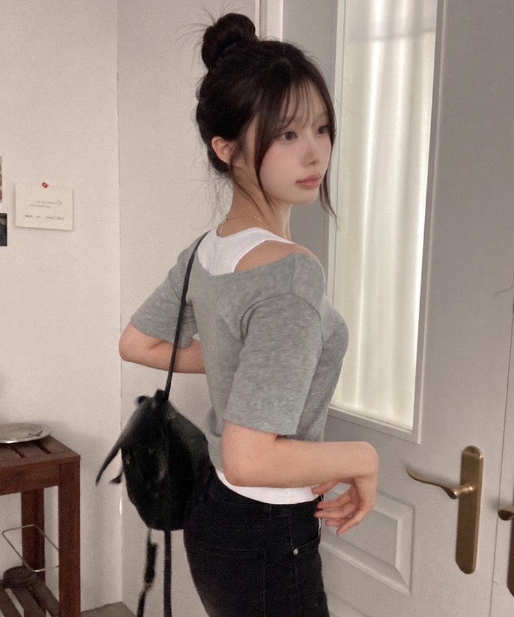이즈 나시 일체형 골지 반팔 티셔츠 그레이