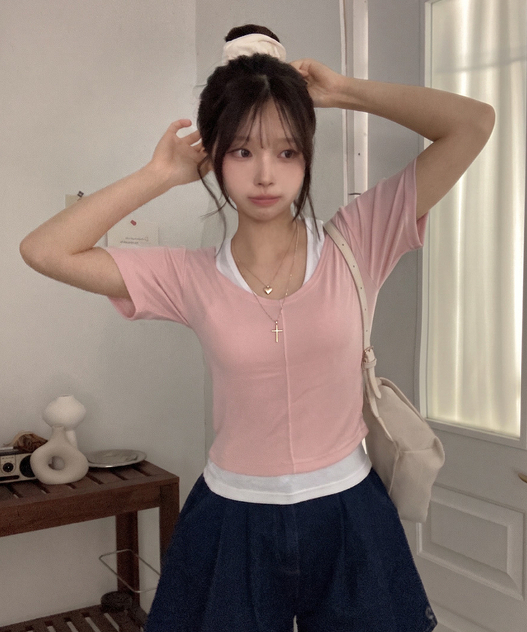 이즈 나시 일체형 골지 반팔 티셔츠 핑크