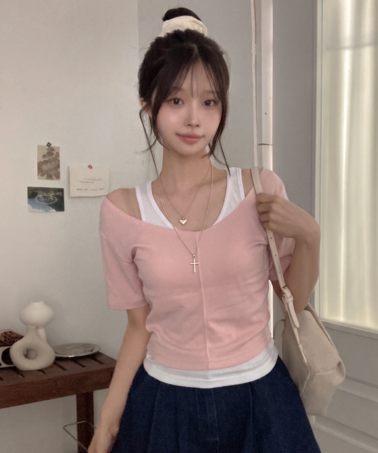 이즈 나시 일체형 골지 반팔 티셔츠 핑크