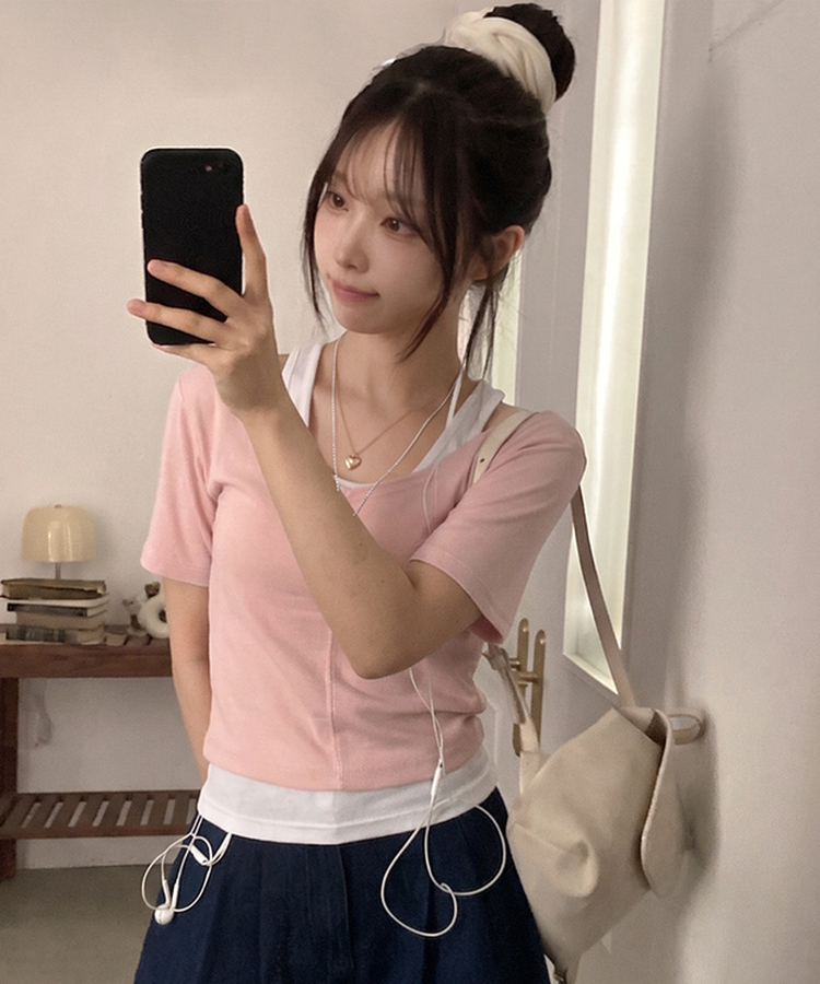 이즈 나시 일체형 골지 반팔 티셔츠 핑크