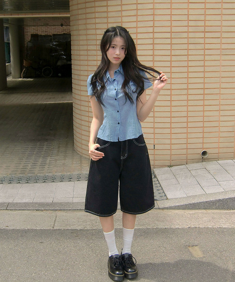 3일만특가 엔코 백버클 자수 포켓 와이드 흑청 데님 버뮤다 팬츠 블랙