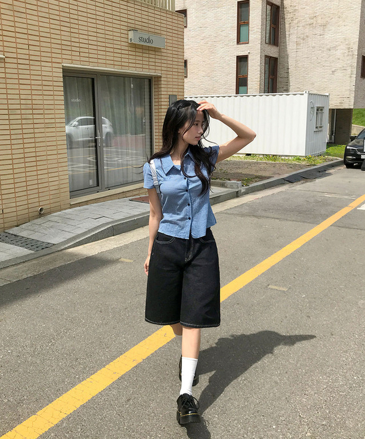 3일만특가 엔코 백버클 자수 포켓 와이드 흑청 데님 버뮤다 팬츠 블랙