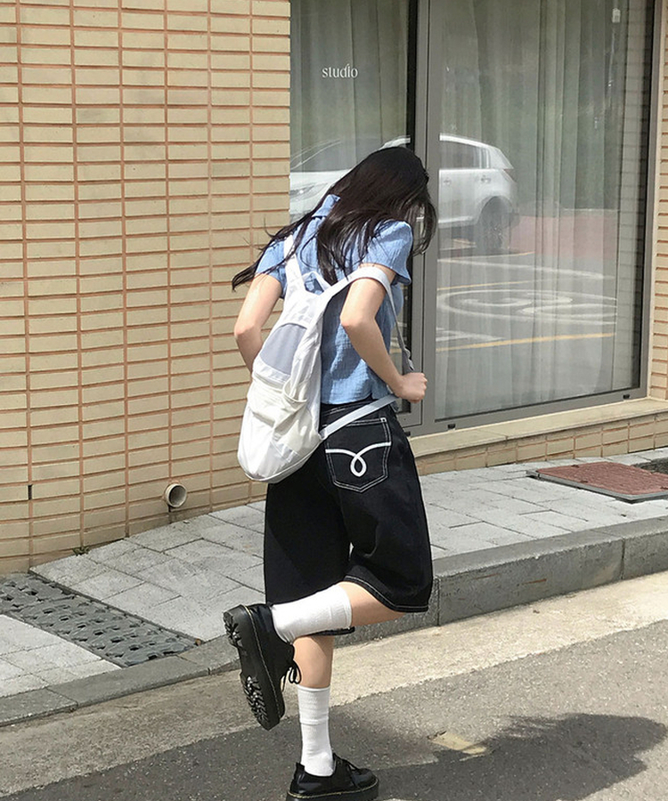 3일만특가 엔코 백버클 자수 포켓 와이드 흑청 데님 버뮤다 팬츠 블랙