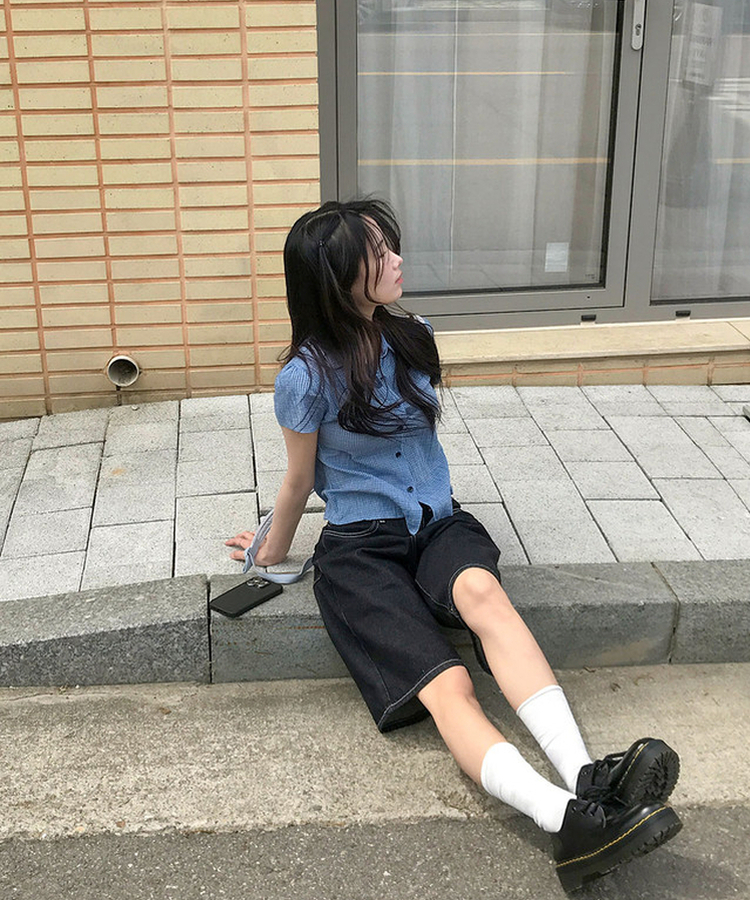 3일만특가 엔코 백버클 자수 포켓 와이드 흑청 데님 버뮤다 팬츠 블랙