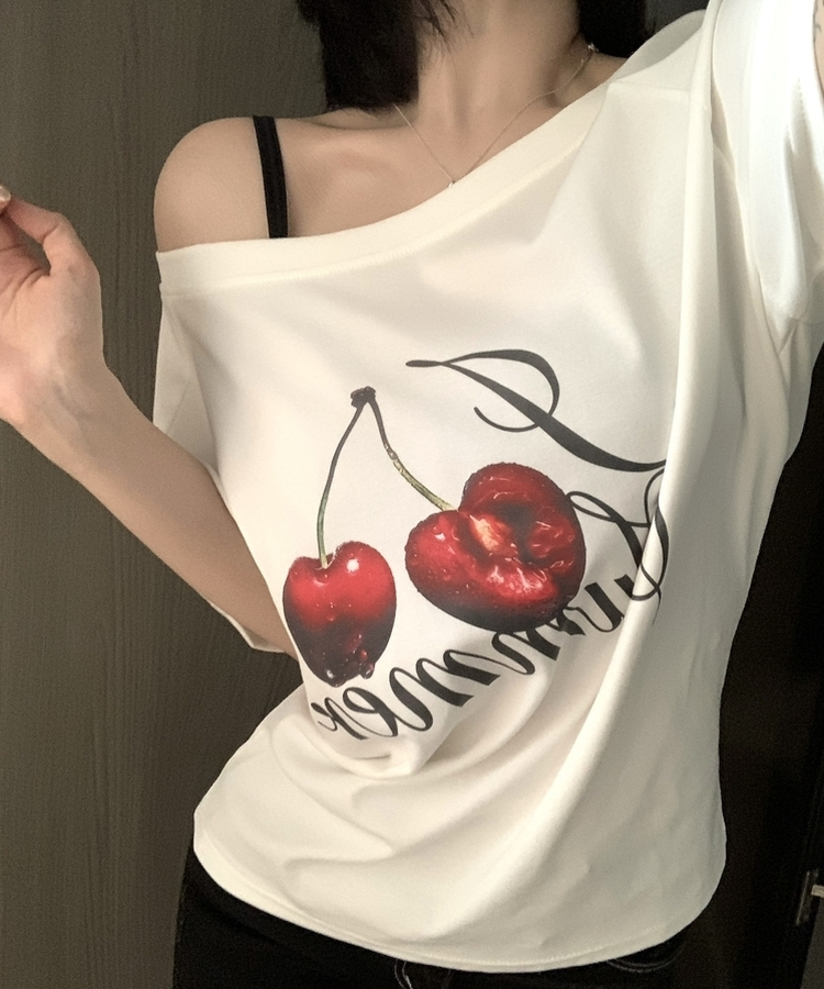 チェリーワンショルダー半袖Tシャツ WHITE