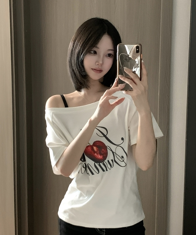 チェリーワンショルダー半袖Tシャツ WHITE