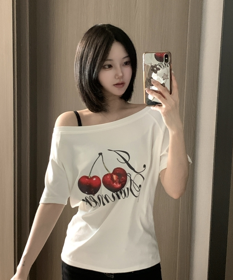 チェリーワンショルダー半袖Tシャツ WHITE