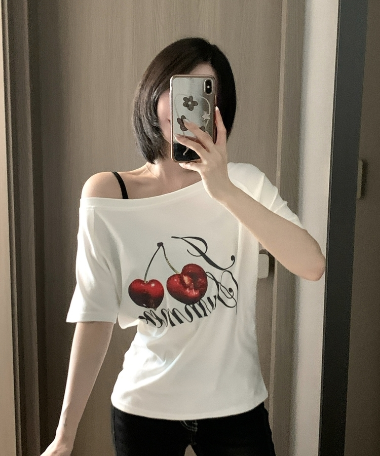チェリーワンショルダー半袖Tシャツ WHITE