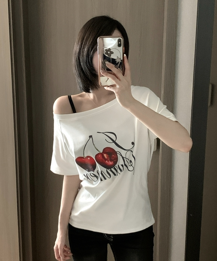 チェリーワンショルダー半袖Tシャツ WHITE