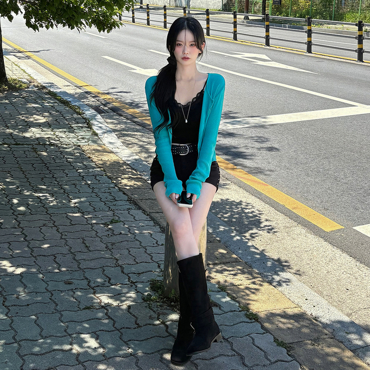 아쿠아블루 살탐방지 시스루 골지 니트 크롭 시원한 여름가디건 청록코어 블루
