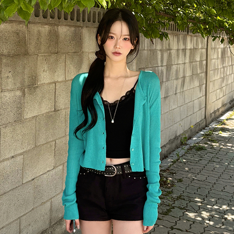 아쿠아블루 살탐방지 시스루 골지 니트 크롭 시원한 여름가디건 청록코어 블루