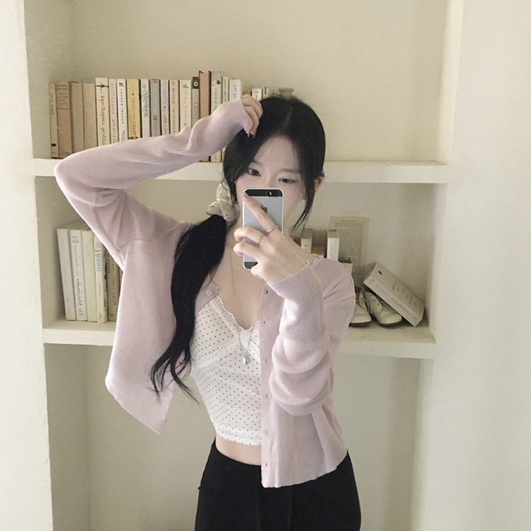 아쿠아블루 살탐방지 시스루 골지 니트 크롭 시원한 여름가디건 청록코어 핑크
