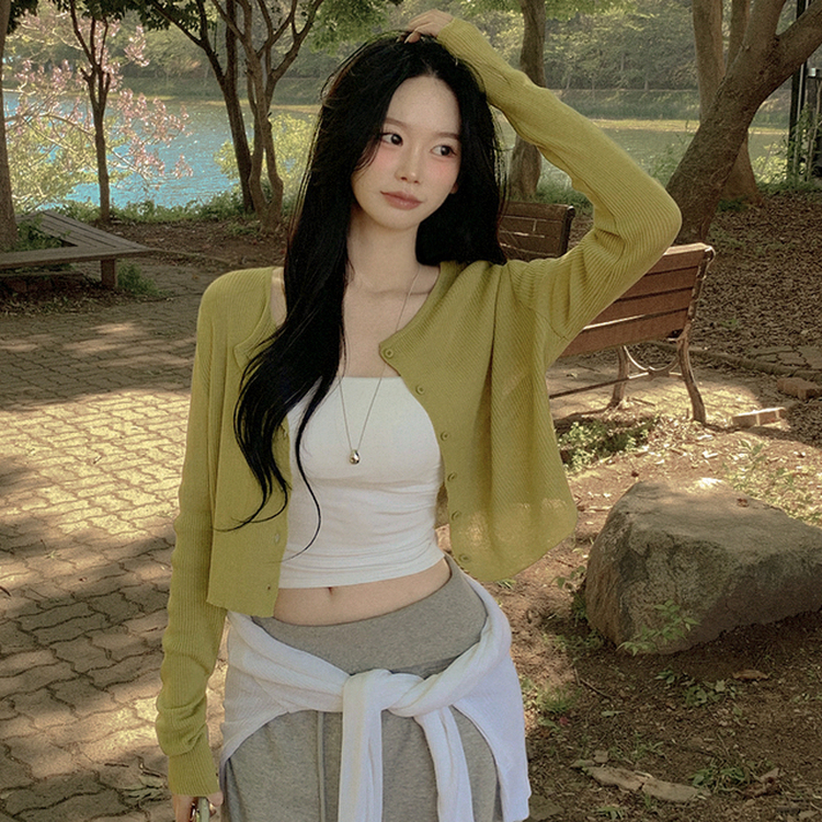 아쿠아블루 살탐방지 시스루 골지 니트 크롭 시원한 여름가디건 청록코어 올리브