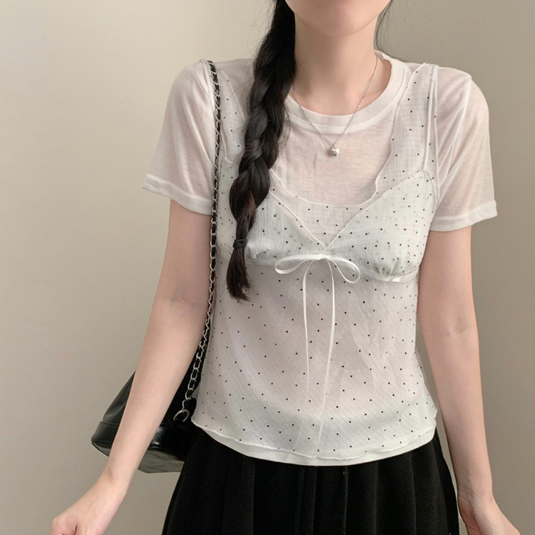 SET】ドットレイヤードビスチェ＋シースルーTシャツ｜半袖Tシャツ