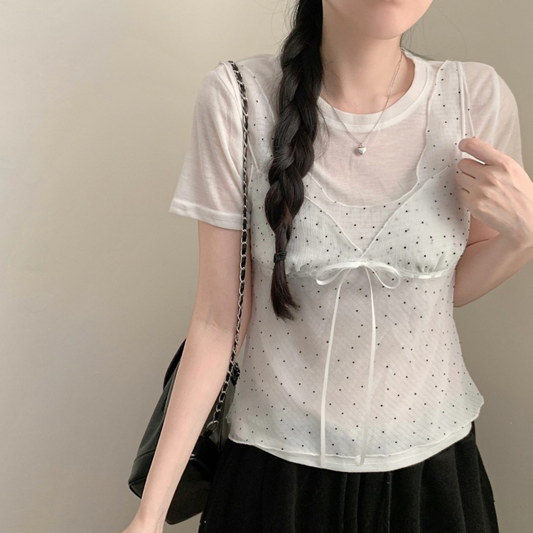 SET】ドットレイヤードビスチェ＋シースルーTシャツ｜半袖Tシャツ 