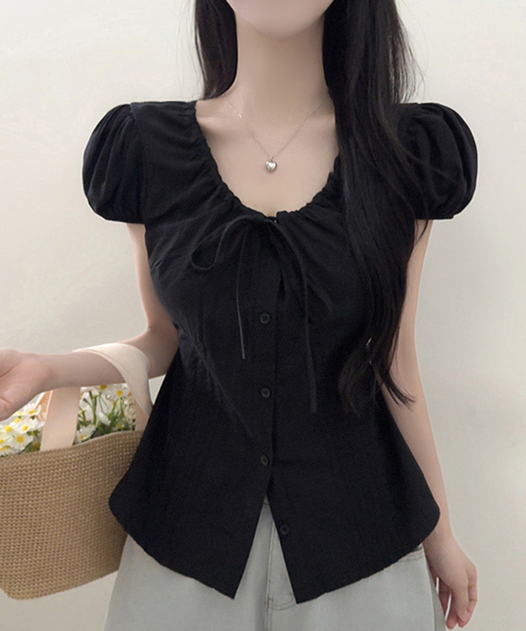 ピンタックリボンブラウス BLACK