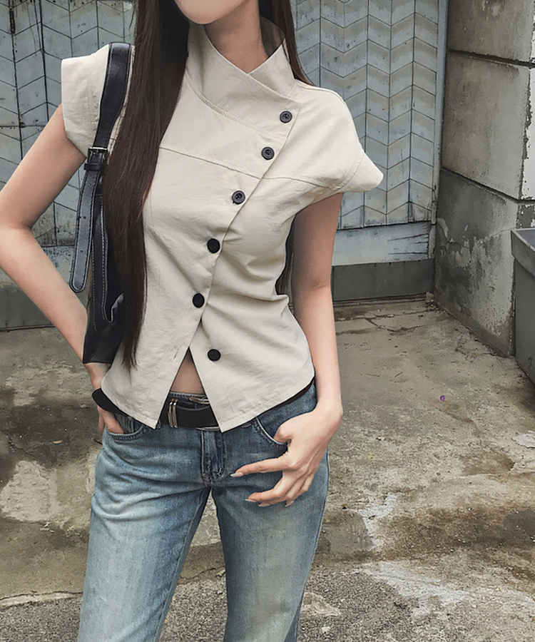 ハイネックキャップスリーブボタン半袖シャツ BEIGE