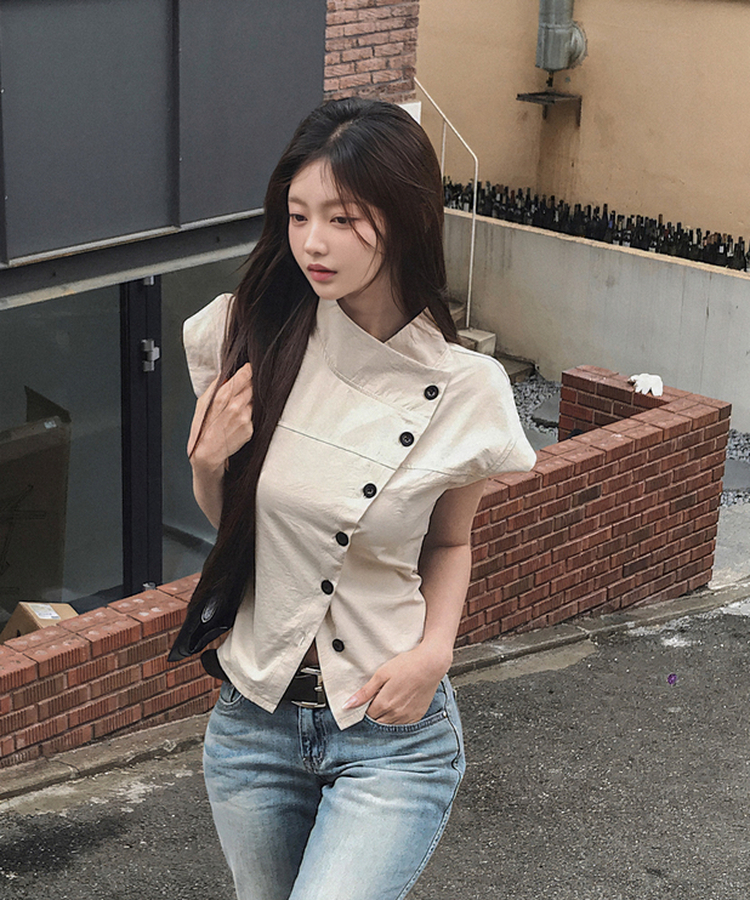 ハイネックキャップスリーブボタン半袖シャツ BEIGE