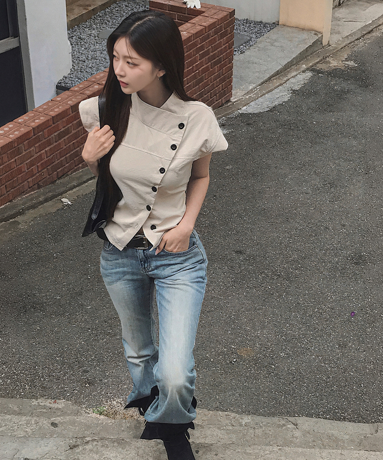 ハイネックキャップスリーブボタン半袖シャツ BEIGE