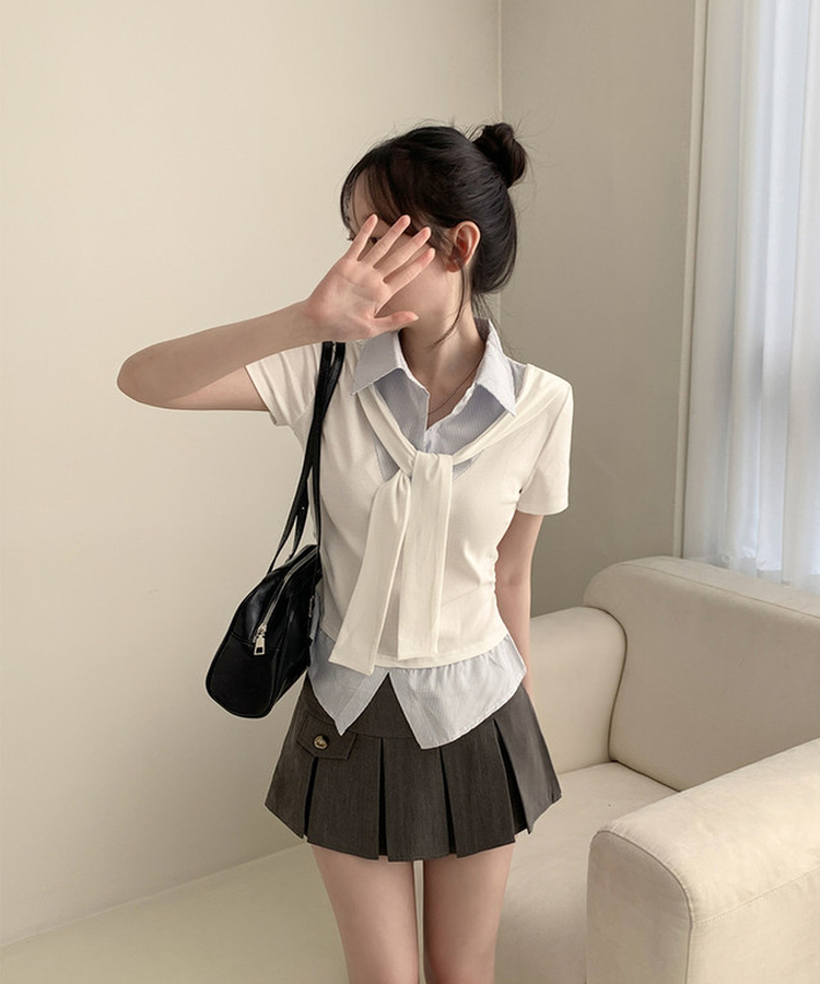 ストライプシャツレイヤード半袖Tシャツ WHITE