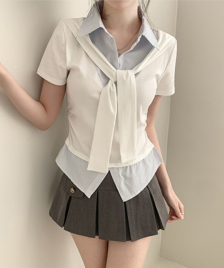 ストライプシャツレイヤード半袖Tシャツ WHITE
