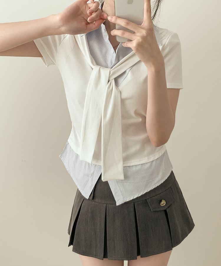 ストライプシャツレイヤード半袖Tシャツ WHITE