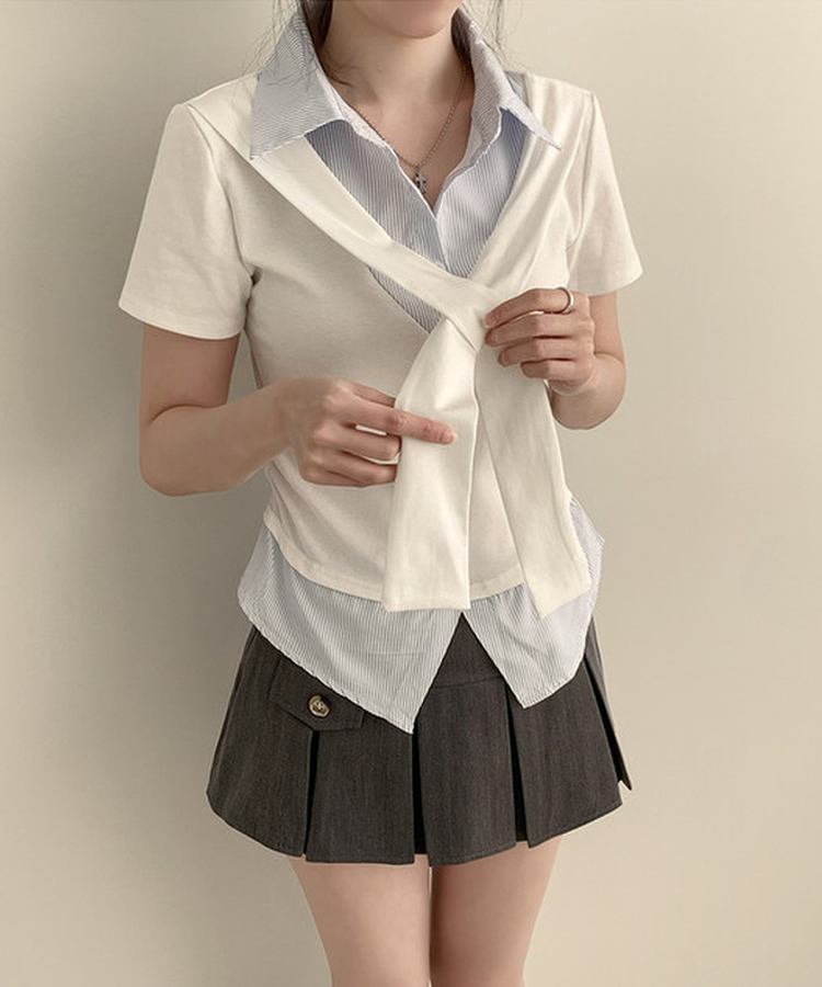 ストライプシャツレイヤード半袖Tシャツ WHITE