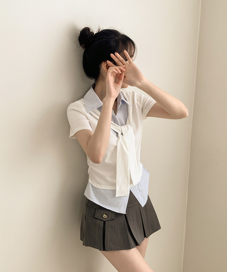 ストライプシャツレイヤード半袖Tシャツ WHITE