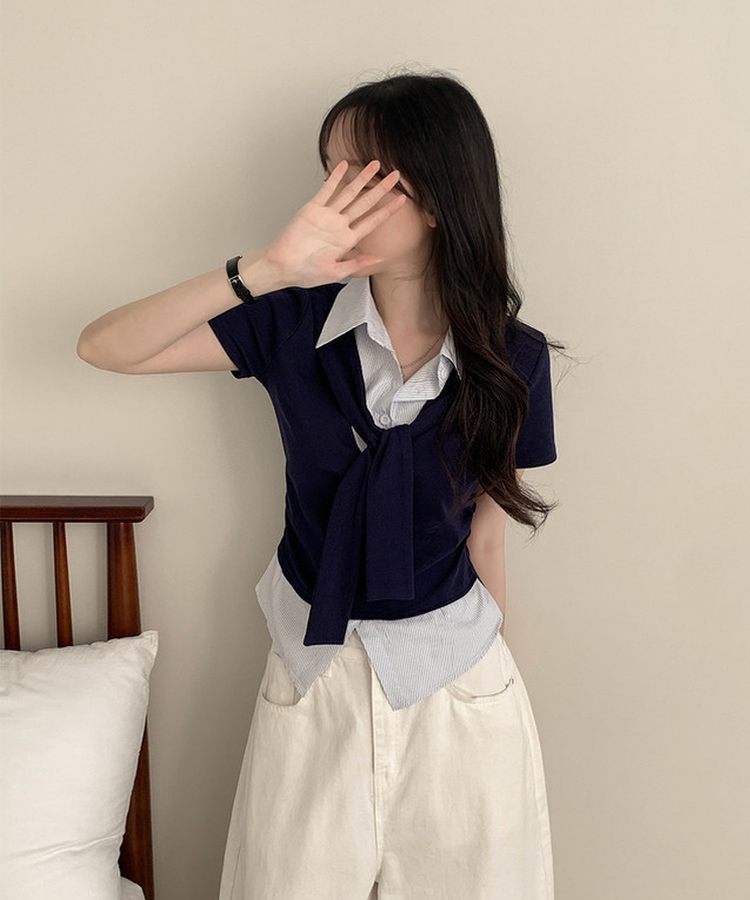 ストライプシャツレイヤード半袖Tシャツ NAVY