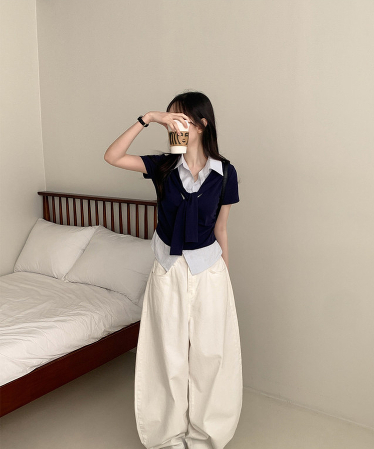 ストライプシャツレイヤード半袖Tシャツ NAVY