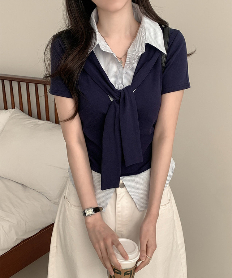 ストライプシャツレイヤード半袖Tシャツ NAVY