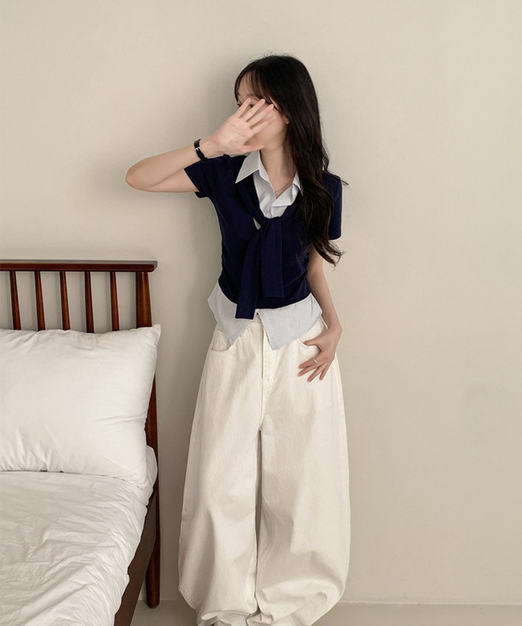 ストライプシャツレイヤード半袖Tシャツ NAVY
