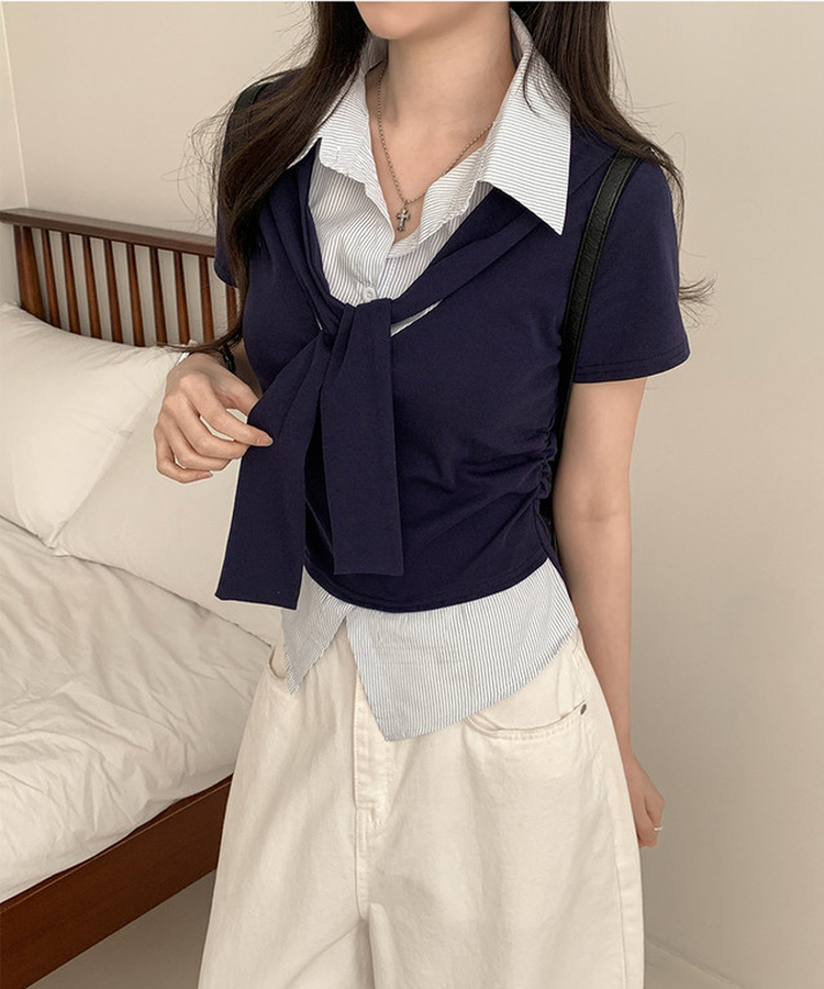 ストライプシャツレイヤード半袖Tシャツ NAVY