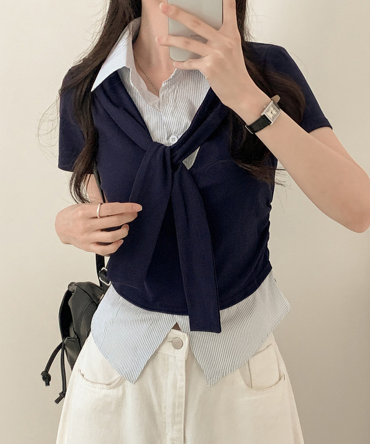 ストライプシャツレイヤード半袖Tシャツ NAVY