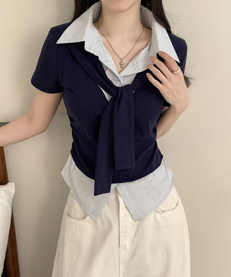 ストライプシャツレイヤード半袖Tシャツ NAVY