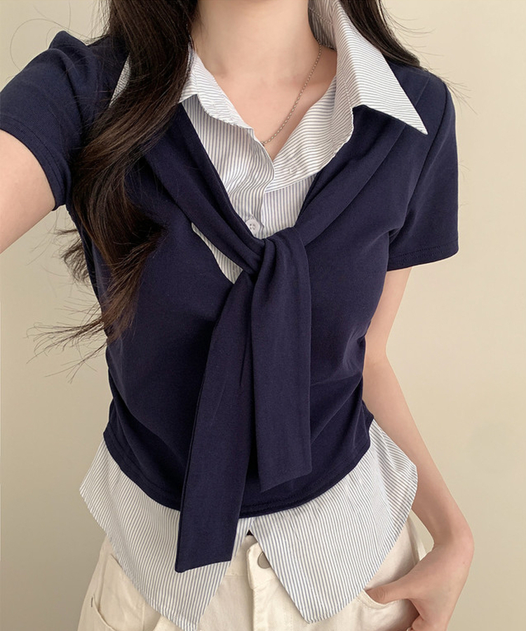 ストライプシャツレイヤード半袖Tシャツ NAVY