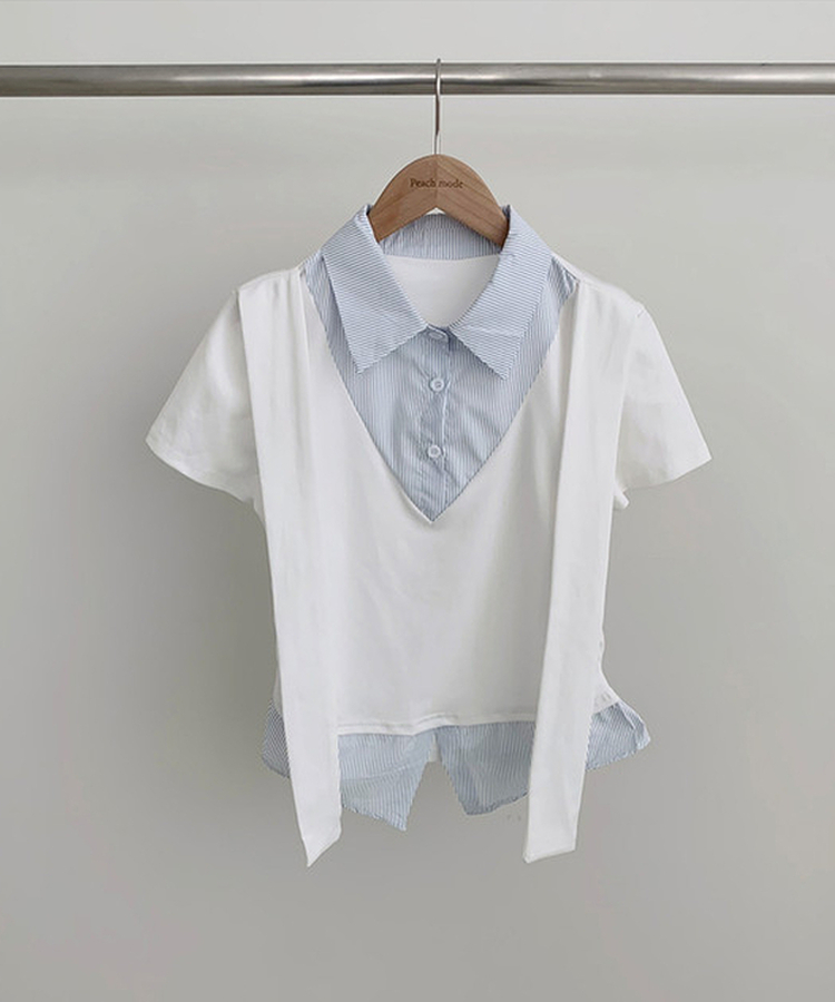 ストライプシャツレイヤード半袖Tシャツ