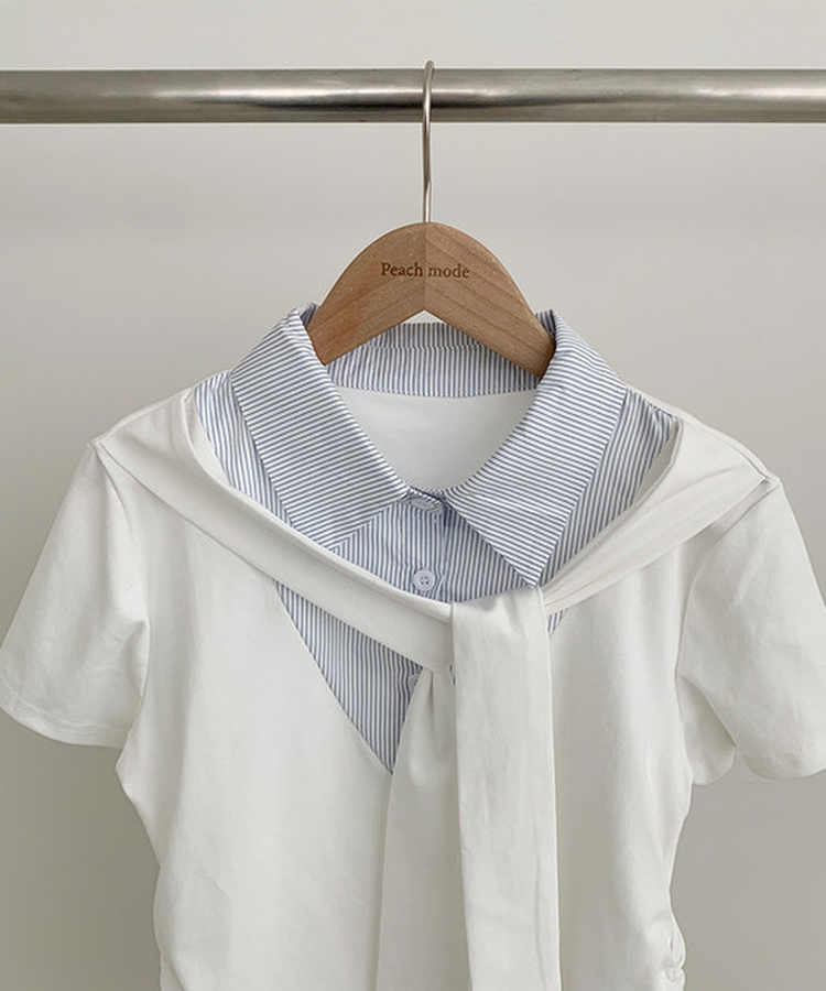 ストライプシャツレイヤード半袖Tシャツ
