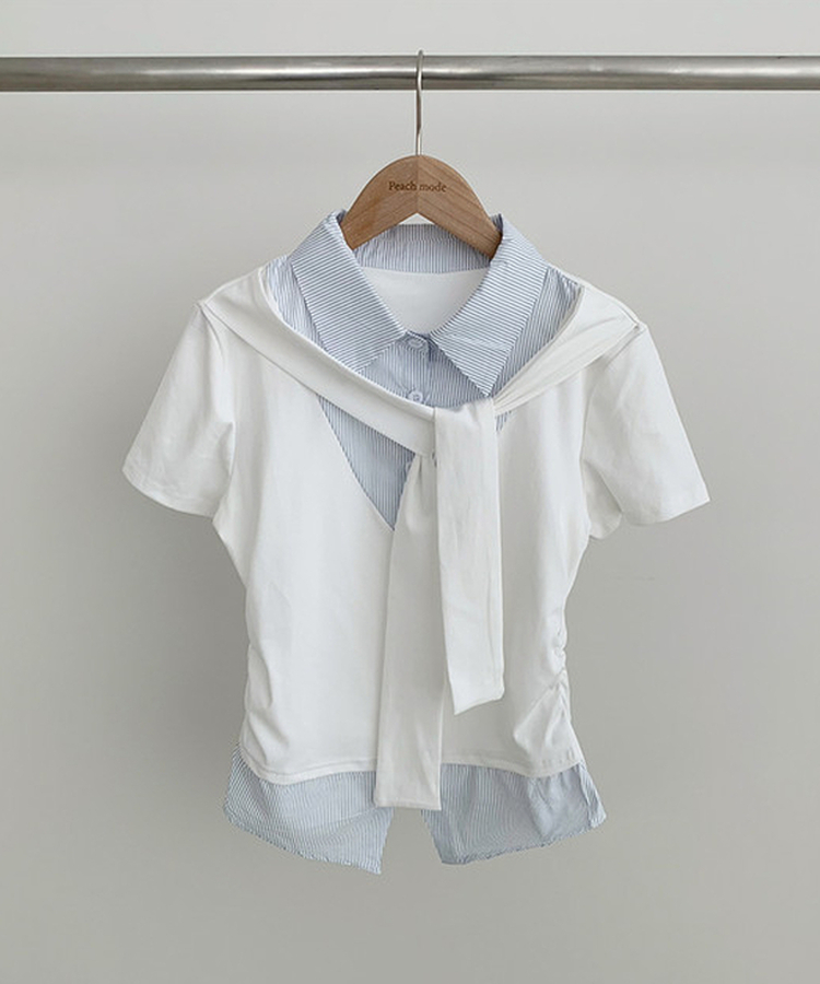ストライプシャツレイヤード半袖Tシャツ