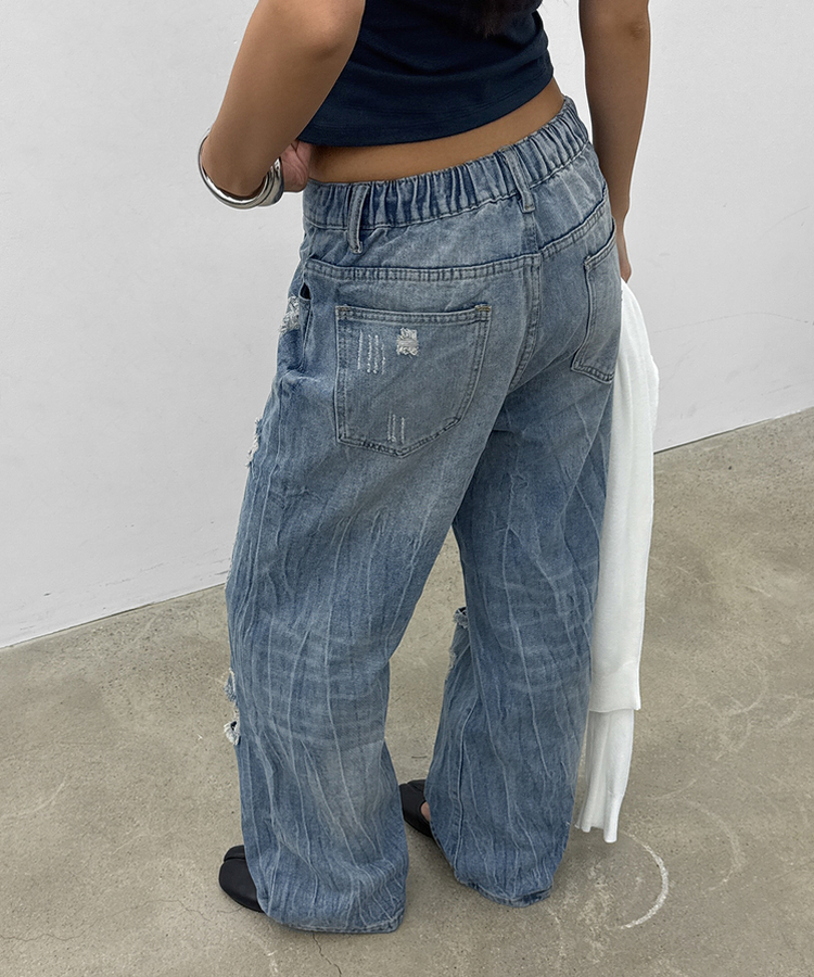 ダメージワイドデニムパンツ BLUE