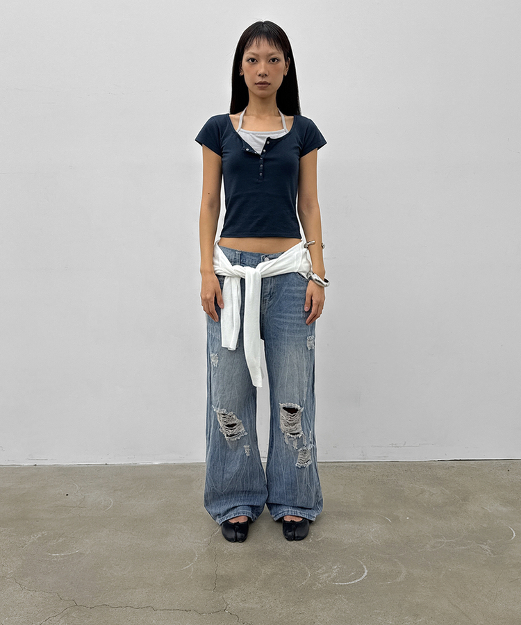 ダメージワイドデニムパンツ BLUE