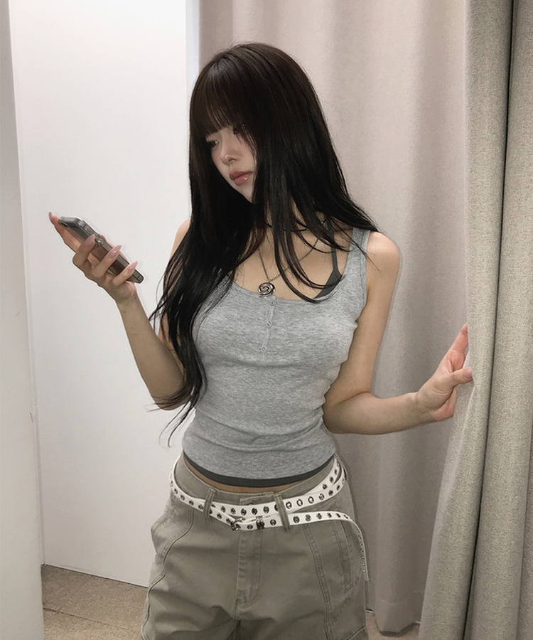 バイカラーホルターレイヤードボタンタンクトップ｜ノースリーブ｜韓国