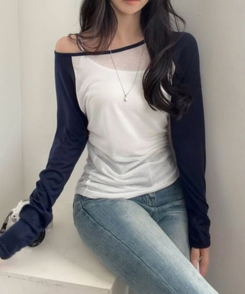 [컬러추가✨/살안타템!] 세컨 나그랑 오프숄더 긴팔티셔츠 - 5color 네이비