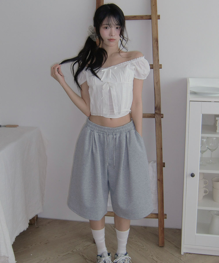 히포 밴딩 버뮤다 포켓 핀턱 5부 트레이닝 팬츠 그레이