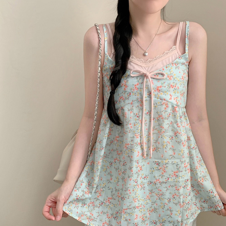 라라 플라워 잔꽃 레이어드 나시 블라우스 민소매 쉬폰 꽃 여름옷 민트 여름 상의 민트