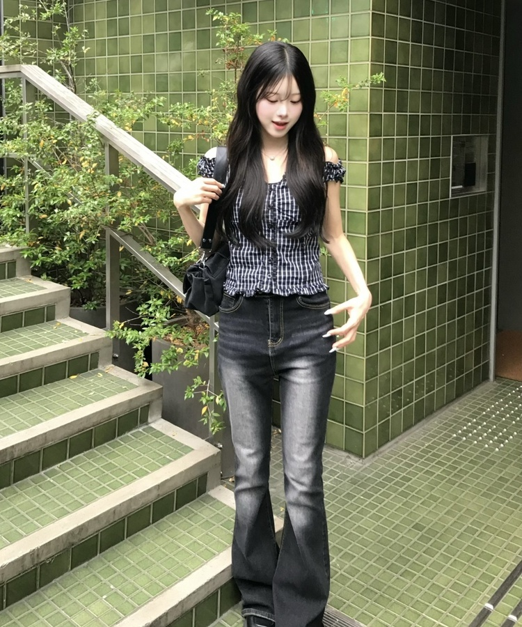 체크 오프숄더 블라우스 블랙